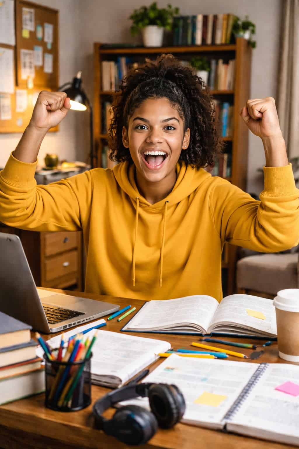 Mulher comemorando após vencer a procrastinação e concluir tarefas