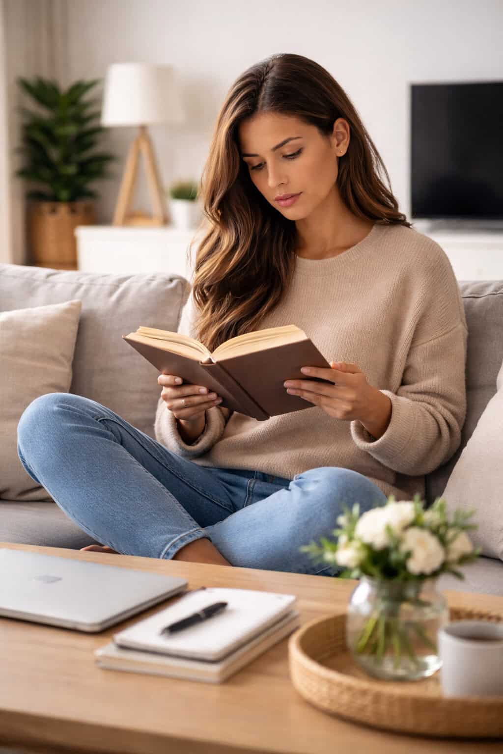 Mulher focada lendo um livro com atenção e concentração