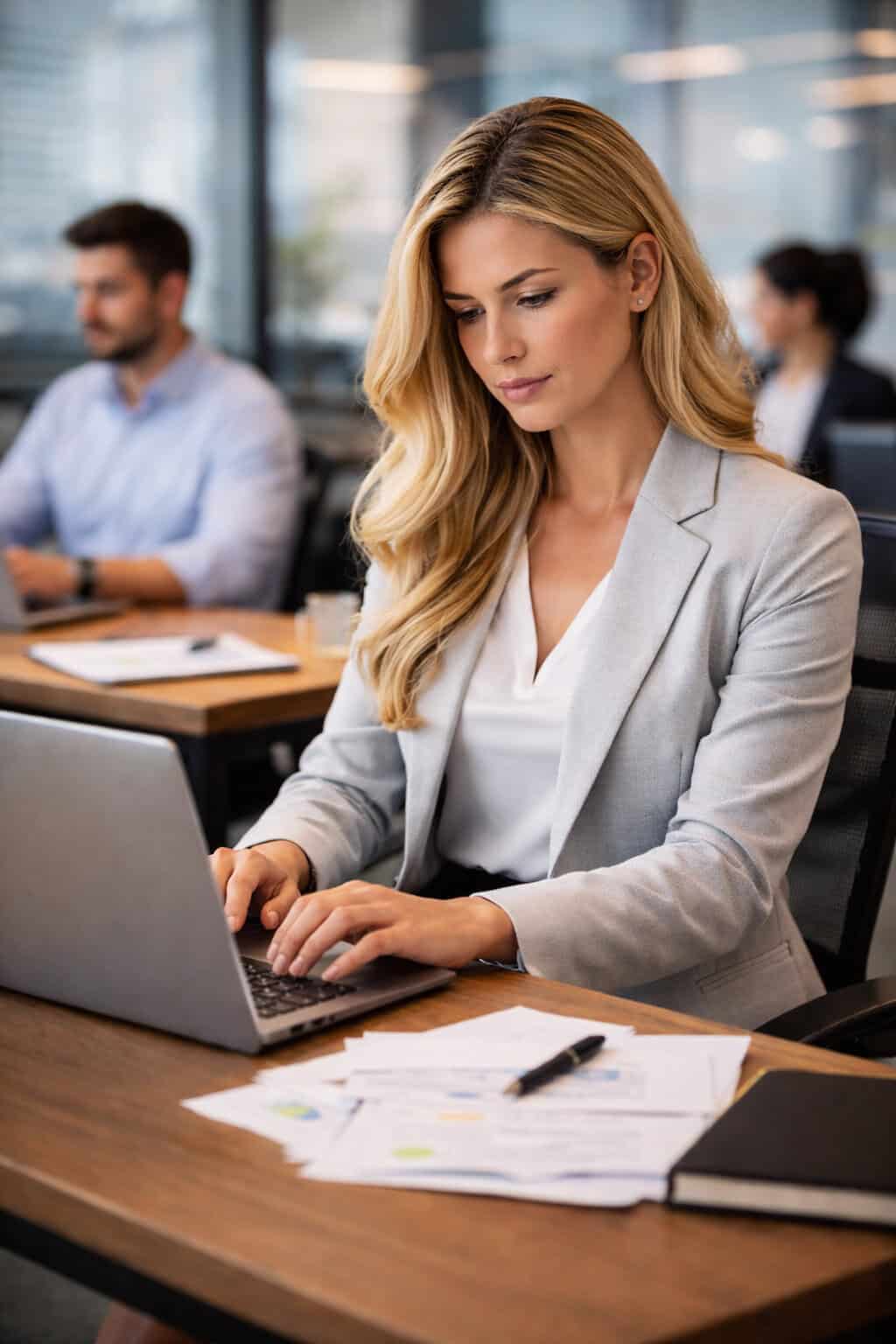 Mulher focada trabalhando no computador com concentração
