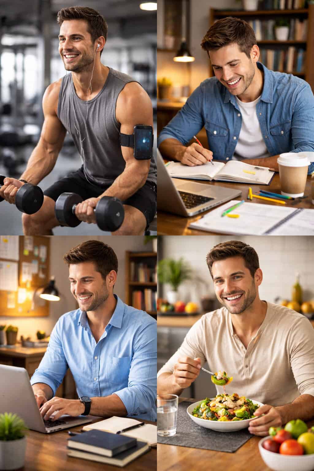 Homem mantendo consistência na rotina com exercícios, estudo, trabalho e alimentação saudável