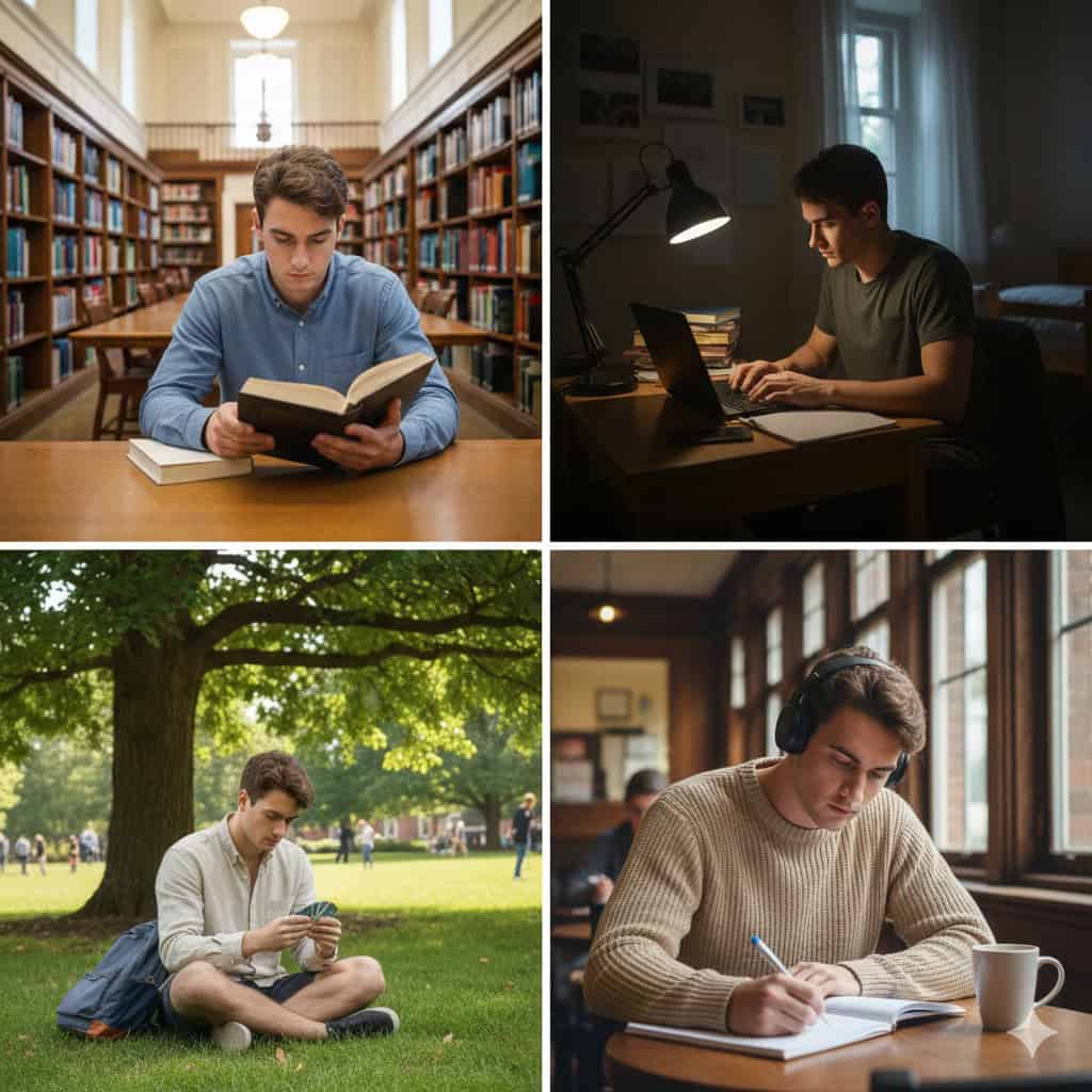 Estudante mantendo disciplina para estudar em diferentes ambientes ao longo do tempo