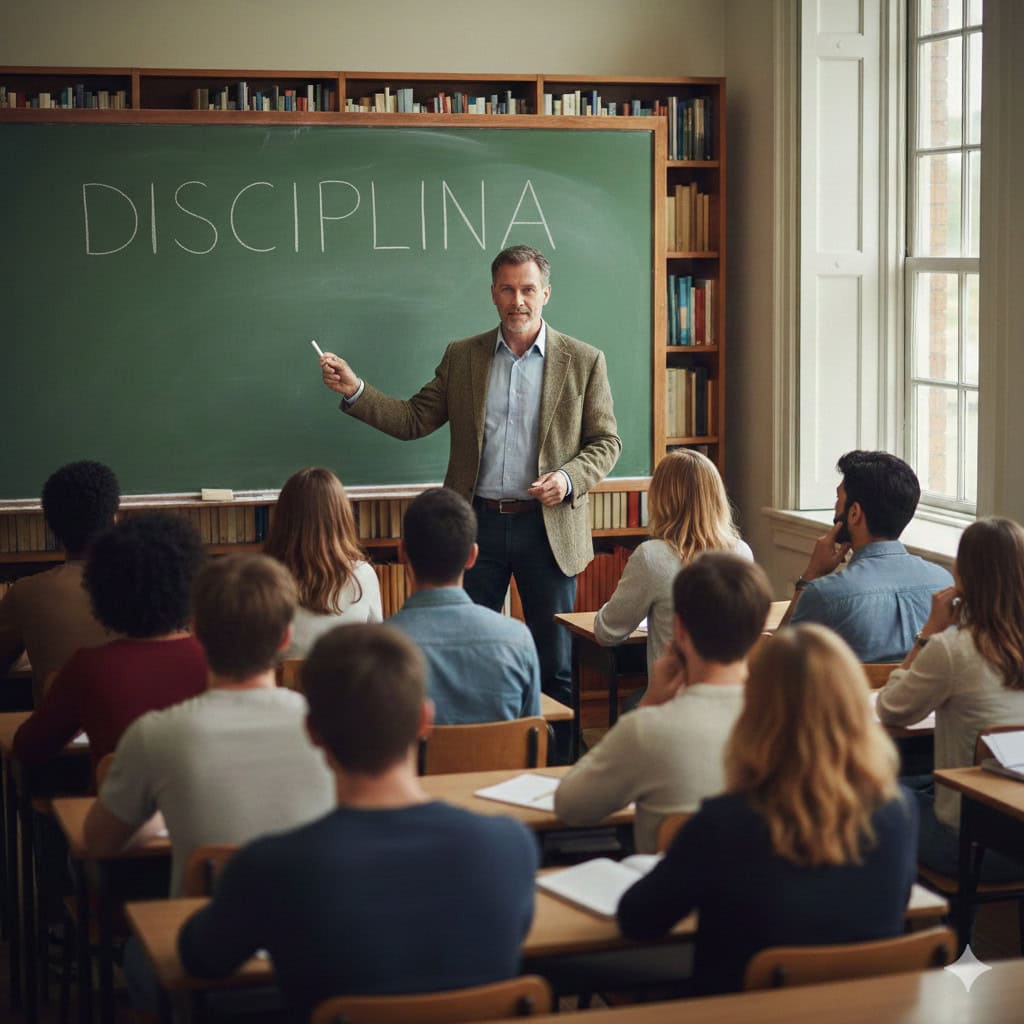 Professor explicando o conceito de disciplina para estudar em sala de aula