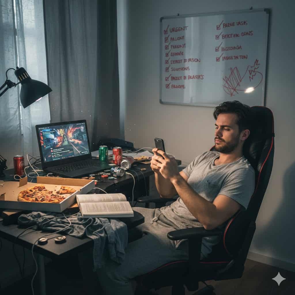 Pessoa tentando se organizar em um ambiente de trabalho, representando a dificuldade de manter disciplina