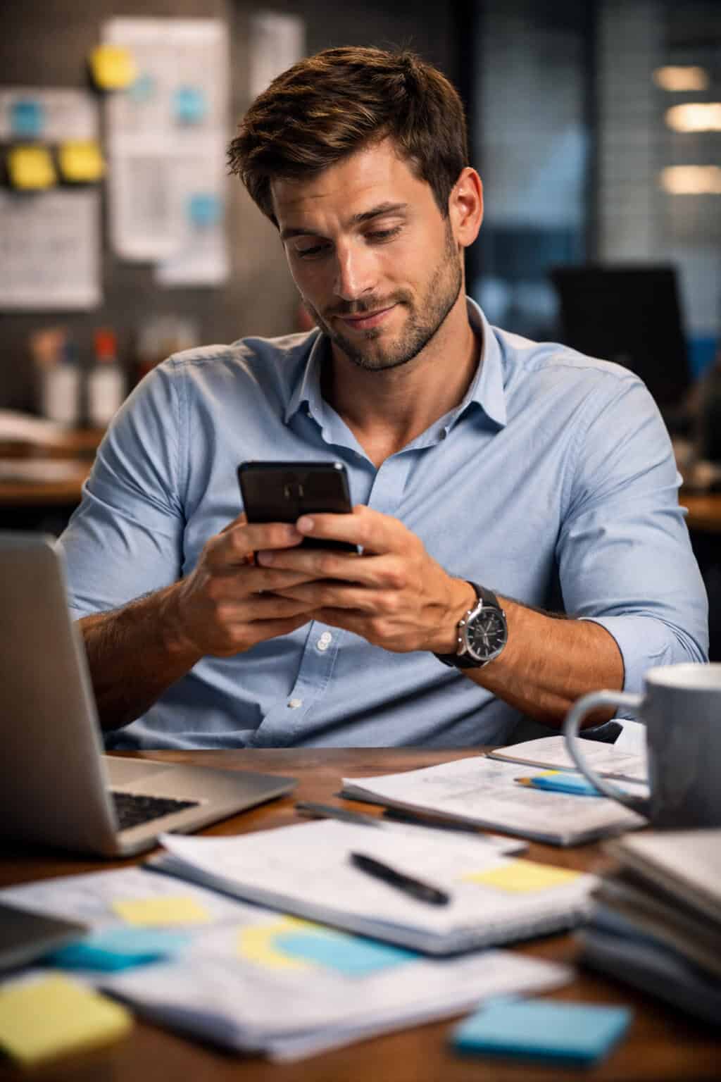 Homem distraído no celular perdendo o foco no trabalho