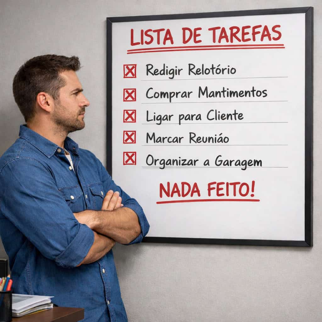 Homem diante de lista de tarefas com nada feito representando procrastinação