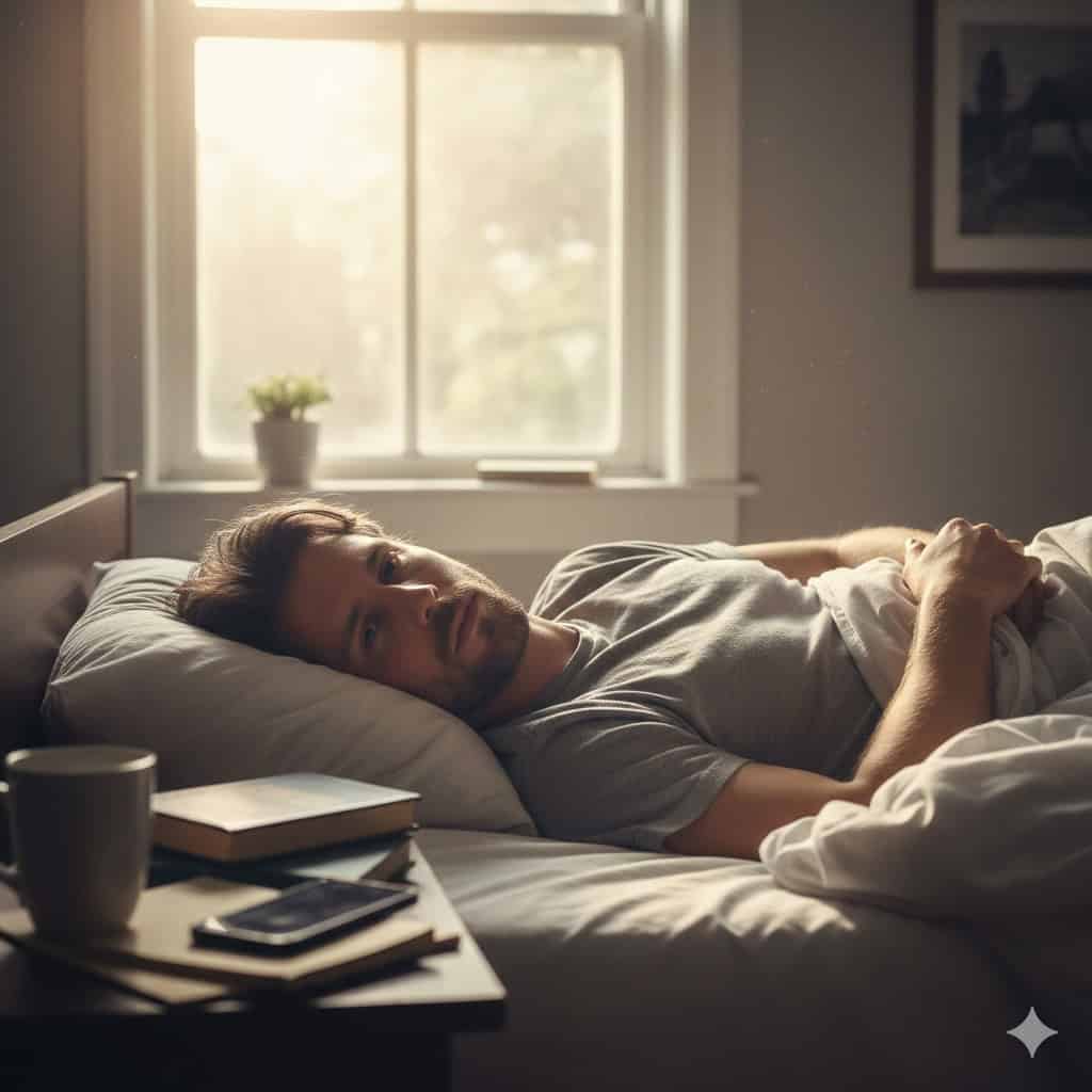 Homem deitado na cama adiando tarefas e esperando motivação