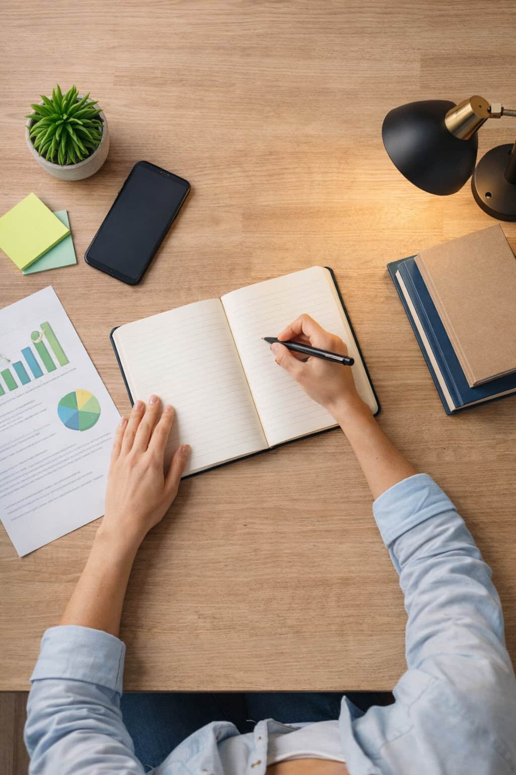 Pessoa organizada em ambiente de trabalho representando método, disciplina e foco na rotina