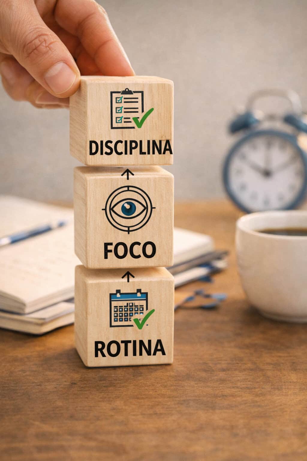 Blocos representando a relação entre disciplina, foco e rotina