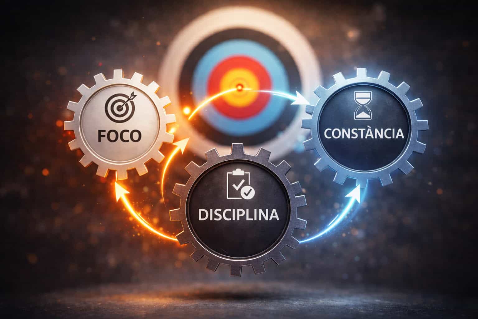 Ilustração mostrando a relação entre foco, disciplina e constância como um ciclo interligado