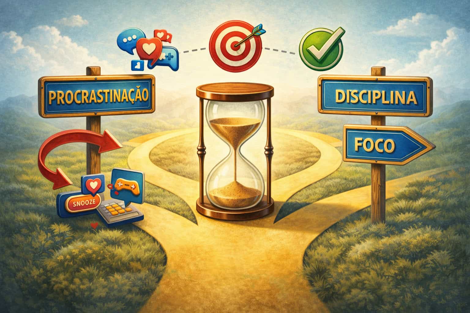 Ilustração mostrando a relação entre procrastinação, foco e disciplina