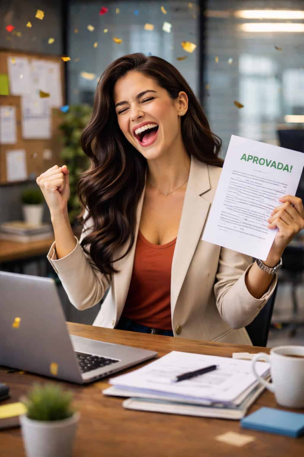Mulher comemorando aprovação após manter foco e concentração nos estudos